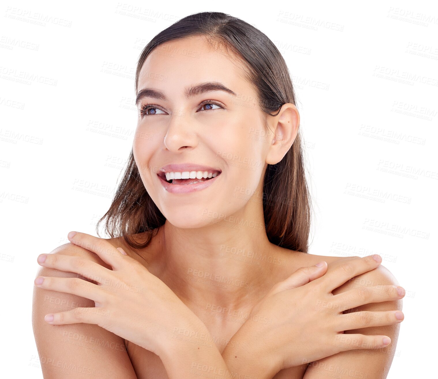 Buy stock photo Isolated woman, skincare and smile with thinking, wellness and natural glow by transparent png background. Girl, happy and ideas for cosmetics, skin health and dermatology with facial transformation