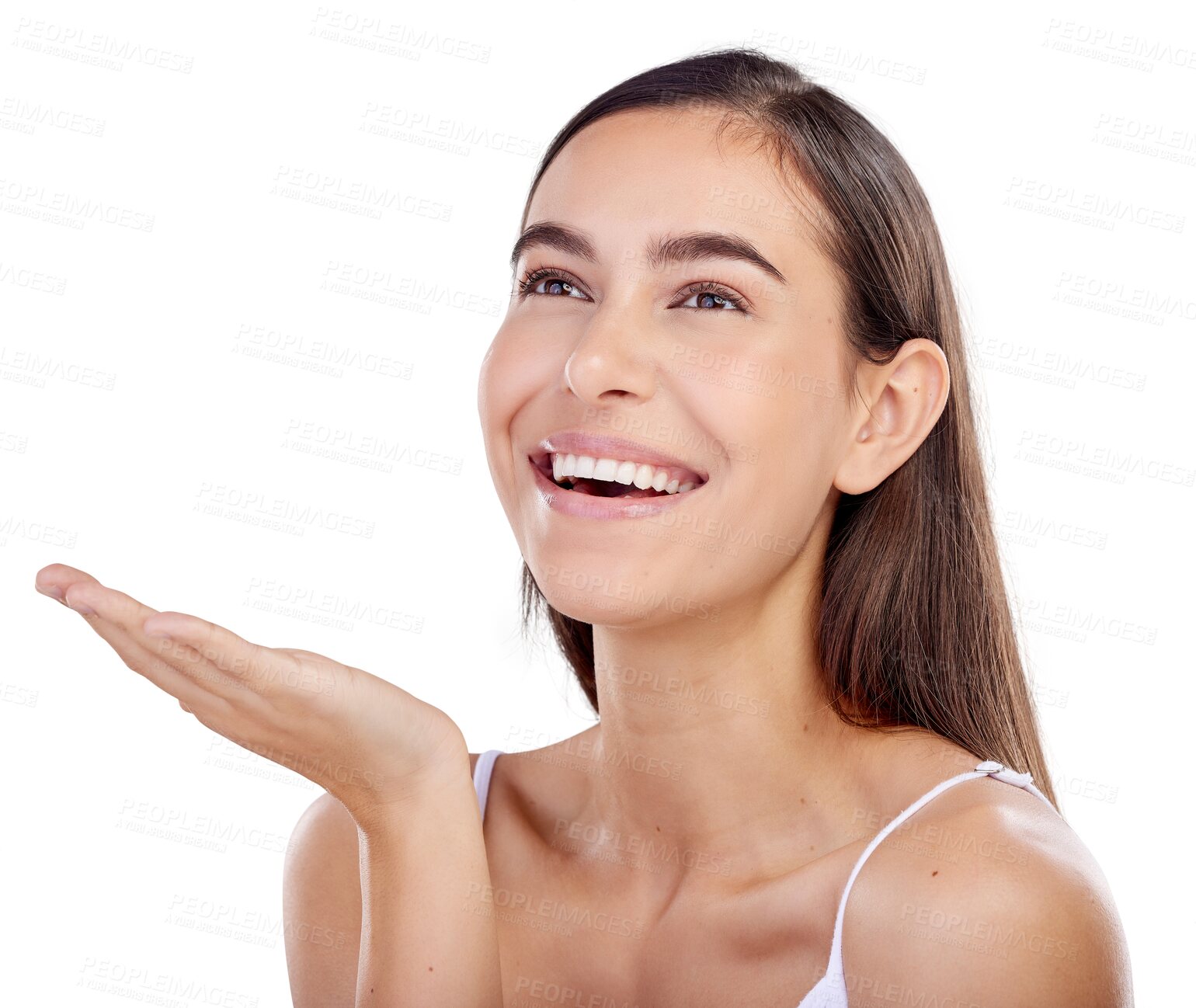 Buy stock photo Isolated woman, skincare and thinking with hand to show results, change or beauty by transparent png background. Girl, model palm and happy with cosmetics, natural glow and facial dermatology idea