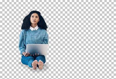Buy stock photo Laptop, thinking and idea with woman on floor for social media, news and research isolated on transparent png background. Relax, online project and technology, girl with insight for internet article.