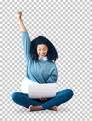 Buy stock photo Laptop, working and fist with woman on floor with success and isolated on transparent png background. Technology, online and website for company, communication and internet for remote work and happy