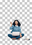 Laptop, mockup and pointing with black woman on floor for social media, news and deal presentation. Offer, online shopping ad technology with girl customer for communication, internet and advertising
