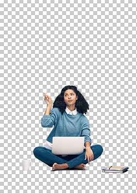 Buy stock photo Laptop, working and pointing with woman on floor with notebooks and isolated on png background. Technology, online and website for company, communication and internet for remote work and advertising