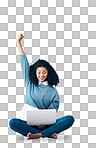 Excited, success and woman reading on a laptop, email celebration and excited about a notification. Happy, wall and employee with a surprise on the web, promotion and announcement on a pc with mockup