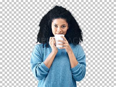 Buy stock photo Woman, portrait and drinking coffee in cup for morning or caffeine isolated on a transparent PNG background. Happy female person or model with tea, espresso or warm beverage in relax for energy