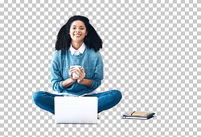 Buy stock photo Portrait, laptop and a black woman student drinking coffee isolated on a transparent background to study. Computer, education and university with a happy young college pupil on PNG for scholarship