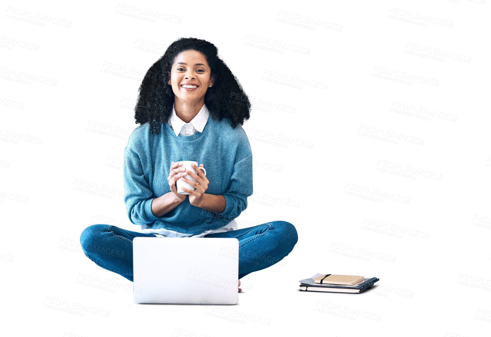 Buy stock photo Portrait, laptop and a black woman student drinking coffee isolated on a transparent background to study. Computer, education and university with a happy young college pupil on PNG for scholarship