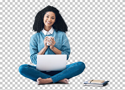 Buy stock photo Portrait, laptop and coffee with a black woman student isolated on a transparent background to study for university. Computer, education and smile with a happy college pupil on PNG for scholarship