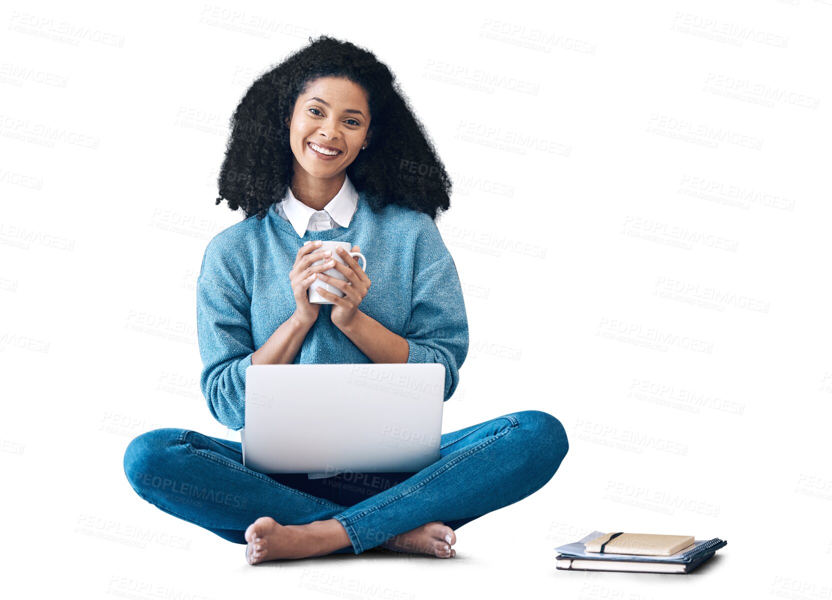 Buy stock photo Portrait, laptop and coffee with a black woman student isolated on a transparent background to study for university. Computer, education and smile with a happy college pupil on PNG for scholarship