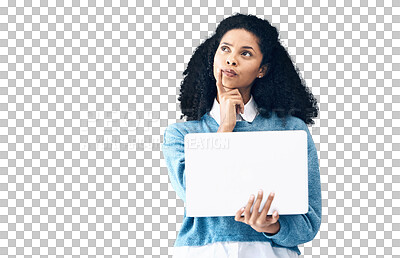 Buy stock photo Woman, laptop and thinking in decision for communication or ideas isolated on a transparent PNG background. Female person in wonder, thought or planning with computer for email, proposal or schedule