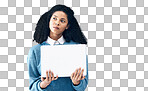 Connection, ideas and woman holding a laptop for an email, internet and communication on office wall. Contact, proposal and business employee thinking of inspiration with a pc with mockup space