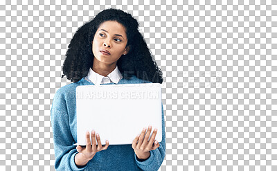 Buy stock photo Woman, laptop and thinking for communication, ideas or email isolated on a transparent PNG background. Female person in wonder, thought or decision on computer for planning, proposal or schedule task