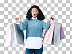 Wow, sale and portrait of woman with shopping bags, retail therapy and surprise at gift on a wall. Deal, excited and happy girl holding products from a shop, market or mall on a grey background