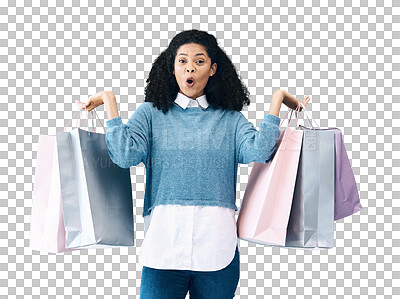 Buy stock photo Woman, portrait and surprise with shopping bag for discount, sale or promo isolated on a transparent PNG background. Female person or shopper with gift bags in wow for purchase, deal or promotion