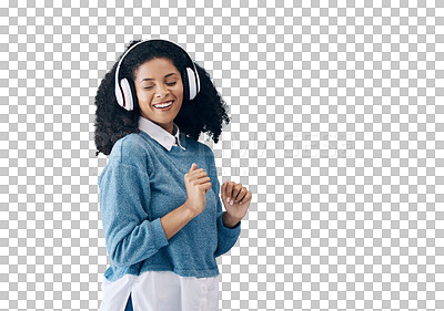 Buy stock photo Happy woman, headphones and dancing to music in audio streaming isolated on a transparent PNG background. Female person or model smile enjoying sound track, podcast or listening to song with headset