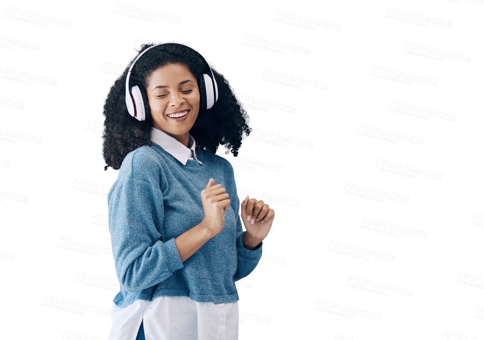 Buy stock photo Happy woman, headphones and dancing to music in audio streaming isolated on a transparent PNG background. Female person or model smile enjoying sound track, podcast or listening to song with headset