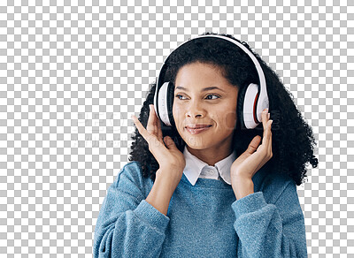 Buy stock photo Happy woman, headphones and listening to podcast in relax for sound isolated on a transparent PNG background. Face of calm female person smile and enjoying audio streaming, music or song with headset