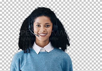 Buy stock photo Happy woman, face and portrait with headphones for call center isolated on a transparent PNG background. Female person, consultant or agent smile with headset in customer service or telecommunication