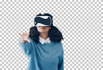 Buy stock photo Woman, virtual reality glasses and metaverse with digital experience, 3d flying game and futuristic gaming isolated on transparent background. Person, model and girl with VR headset, tech or png with