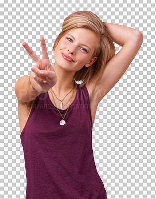 Buy stock photo Woman, portrait and peace sign smile for summer style or casual tank outfit, isolated on transparent png background. Female person, face and calm hand gesture or hippie emoji, happy or cool attitude