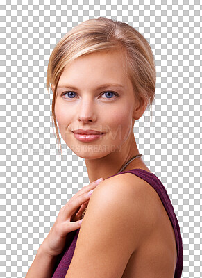 Buy stock photo Portrait, woman and face with smile for fashion in pose with classic hairstyle. Female model, looking and confident with idea for modern, elegant or style on isolated or transparent png background