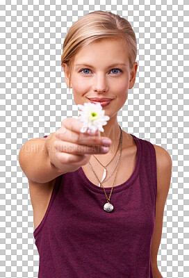 Buy stock photo Happy woman, portrait and flower for nature, beauty or care isolated on a transparent PNG background. Face of female person or model smile with white floral plant, blossom or love for natural growth