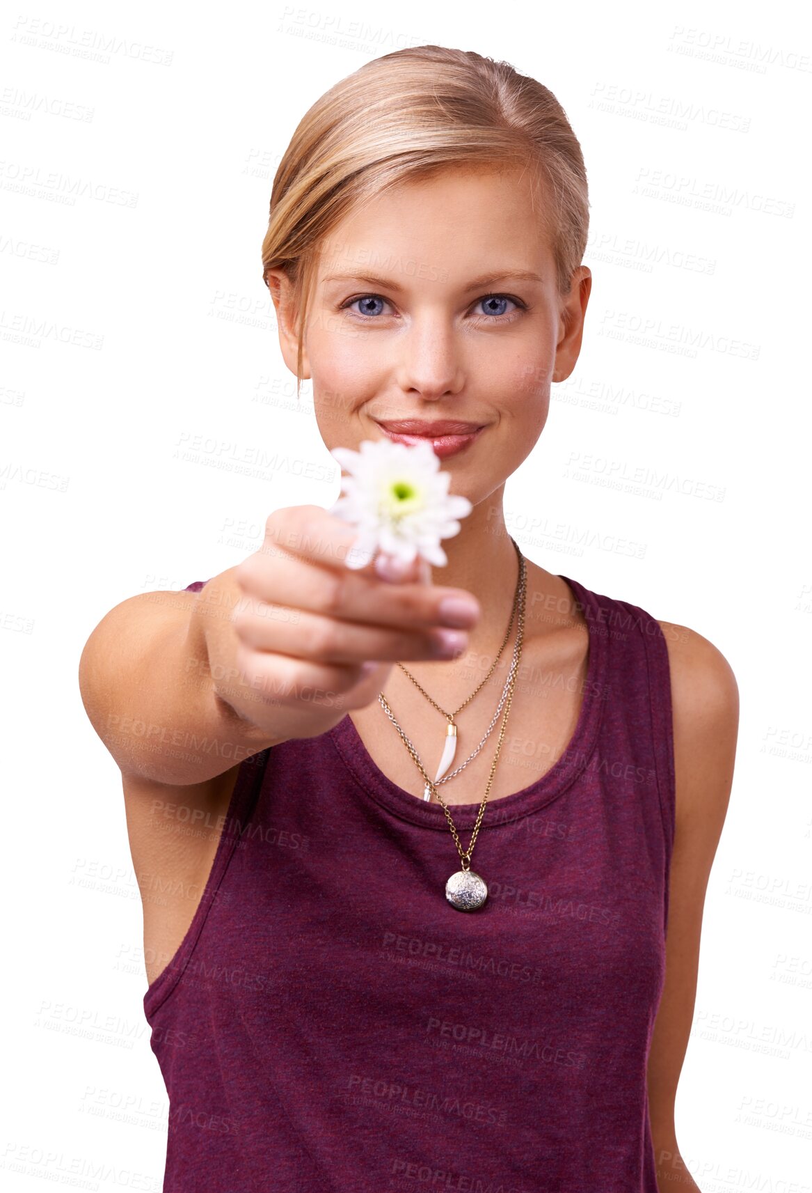 Buy stock photo Happy woman, portrait and flower for nature, beauty or care isolated on a transparent PNG background. Face of female person or model smile with white floral plant, blossom or love for natural growth