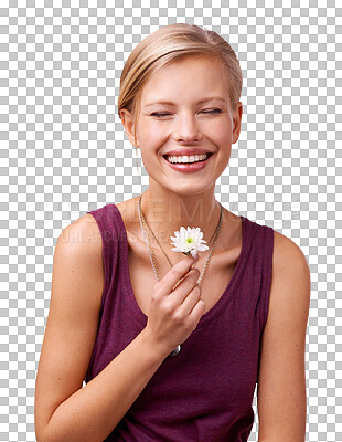 Buy stock photo Funny, smile and woman with a flower, happiness and casual clothes isolated on a transparent background. Person, humor and model with a plant, cheerful girl and laughing with a joke, peace and png