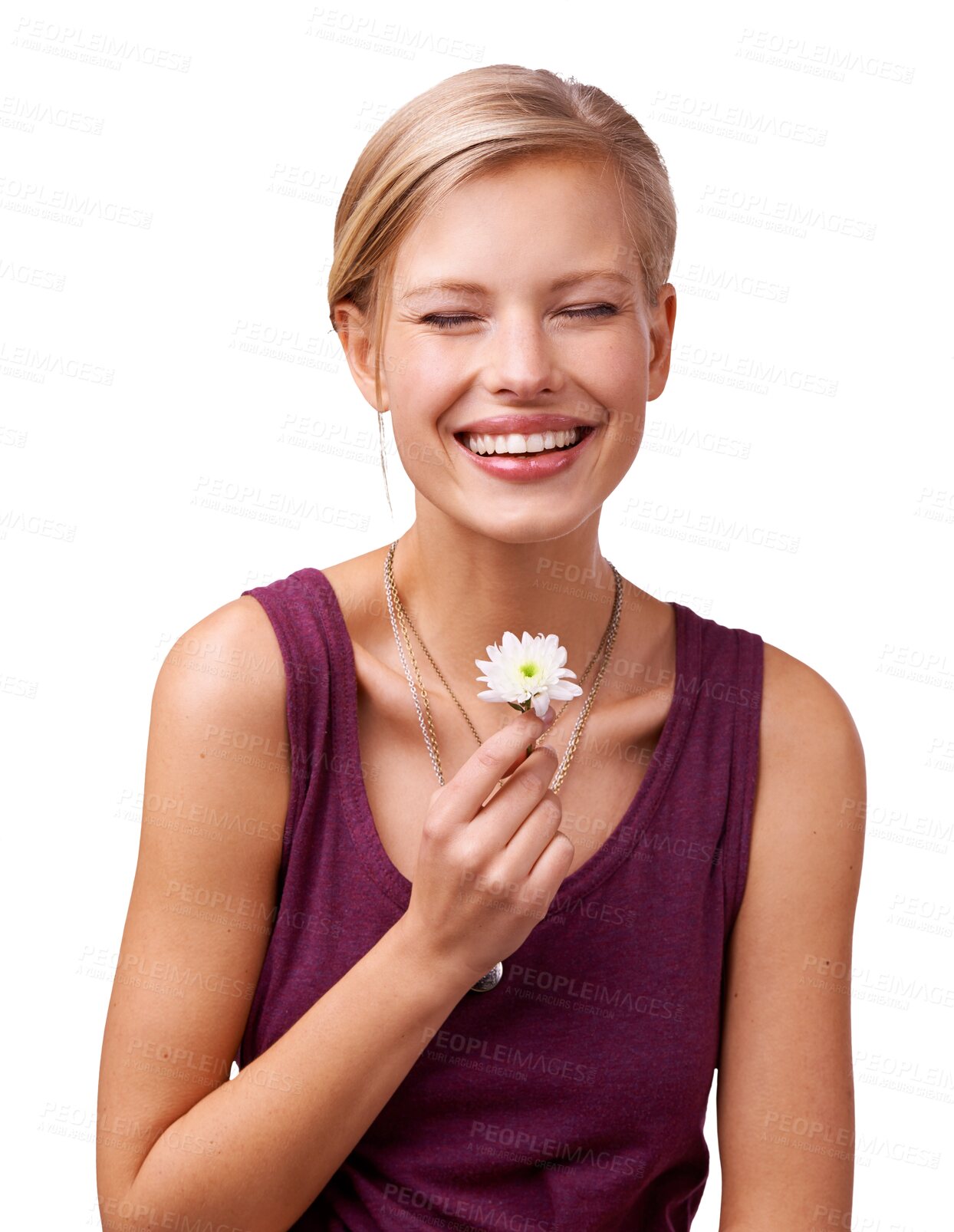 Buy stock photo Funny, smile and woman with a flower, happiness and casual clothes isolated on a transparent background. Person, humor and model with a plant, cheerful girl and laughing with a joke, peace and png