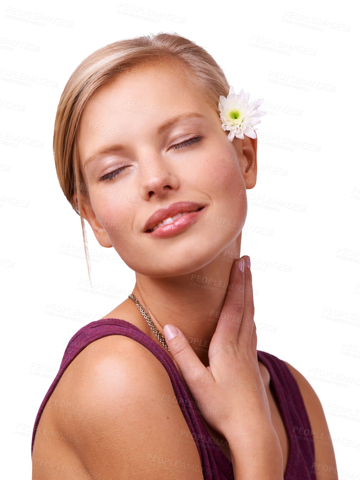 Buy stock photo Smile, beauty and skincare of woman with flower in hair isolated on a transparent png background. Happy person in natural floral cosmetics, eyes closed or health, wellness or organic facial treatment