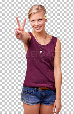 Buy stock photo Portrait, peace and woman with a sign, support and review isolated on transparent background. Face, person or model with v symbol, funny or icon with png, winner and smile with opinion and happy