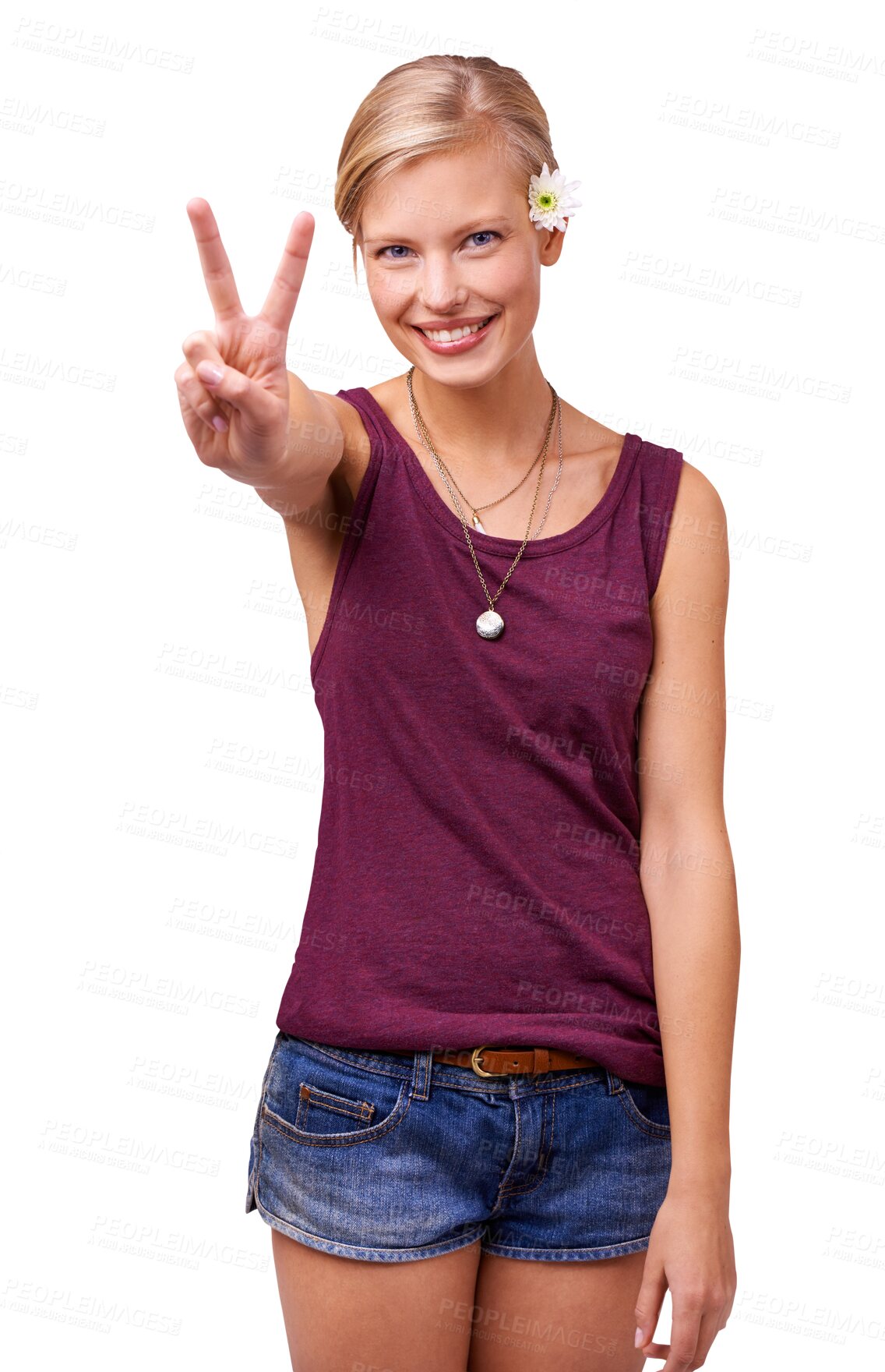 Buy stock photo Portrait, peace and woman with a sign, support and review isolated on transparent background. Face, person or model with v symbol, funny or icon with png, winner and smile with opinion and happy