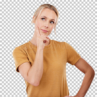 Buy stock photo Woman, thinking and decision with ideas, opportunity and creativity isolated on a transparent background. Mature person, model and lady with doubt, png and future with choice, wonder and questions