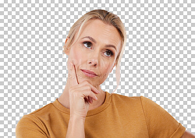 Buy stock photo Woman, thinking or confused with opportunity, question or creativity isolated on transparent background. Person, model or lady with doubt, png or future with decision, choice or inspiration with idea