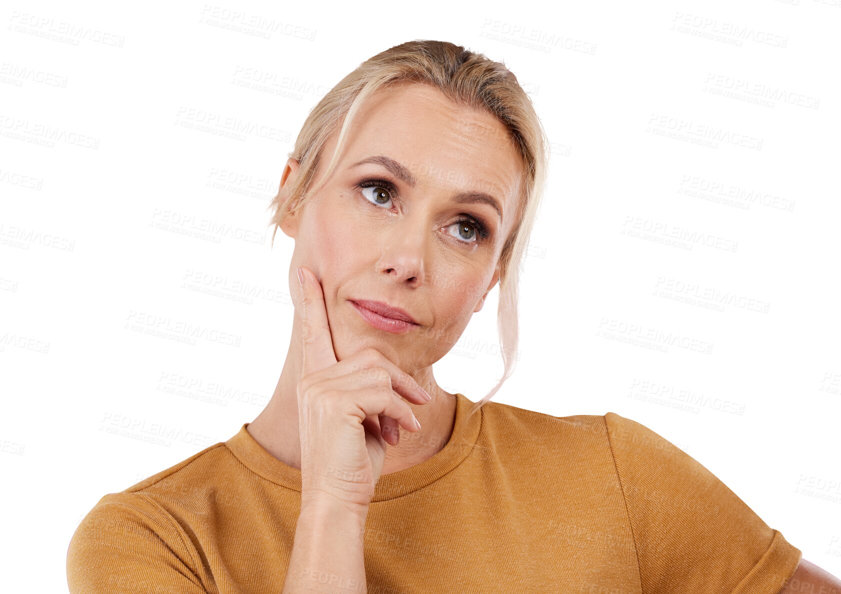 Buy stock photo Woman, thinking or confused with opportunity, question or creativity isolated on transparent background. Person, model or lady with doubt, png or future with decision, choice or inspiration with idea