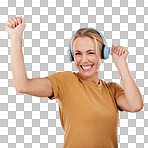 Music, dance and portrait with a woman in studio on a pink background for crazy fun or cheerful positivity. Party, energy and radio with a person streaming audio while dancing on a pastel color wall