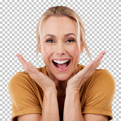 Surprise, good news and portrait of a woman with happiness from discount announcement. Wow, excited and pink background in a studio with a mature female feeling happy with sale satisfaction