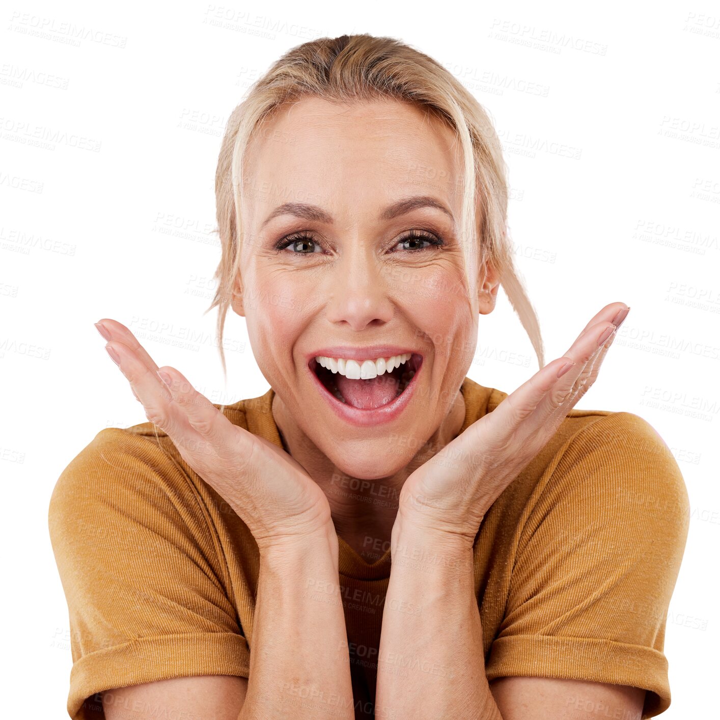 Buy stock photo Portrait, happy woman and surprise for good news for announcement. Mature, female model and wow by excited emoji on isolated or transparent png background with satisfaction for notification with omg