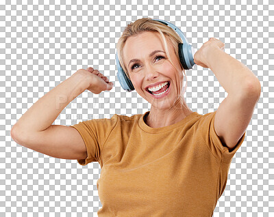 Music, dance and freedom with a woman in studio on a pink background for crazy fun or cheerful positivity. Party, energy and radio with a person streaming audio while dancing on a pastel color wall