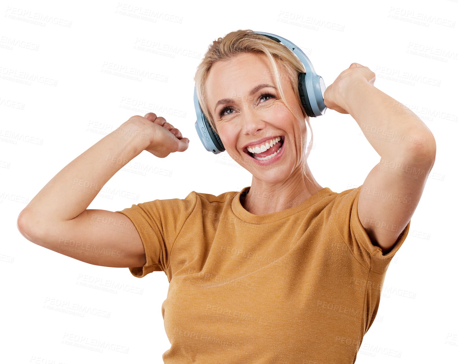 Buy stock photo Woman, hands and dance for music headphones or crazy fun, isolated on transparent png background. Female person, happy or silly for radio hip hop streaming or moving, hearing audio or song playlist