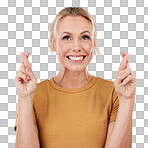 Woman, fingers crossed and smile in studio, pink background and good luck face. Excited female model hope for bonus, promotion and winning giveaway with hand emoji sign, competition prize and lottery