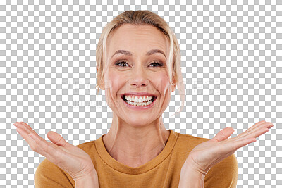 Buy stock photo Portrait, happy woman and smile with hands for presentation of announcement, offer or deal. Female person, mature and excited emoji with joyful expression on isolated or transparent png background