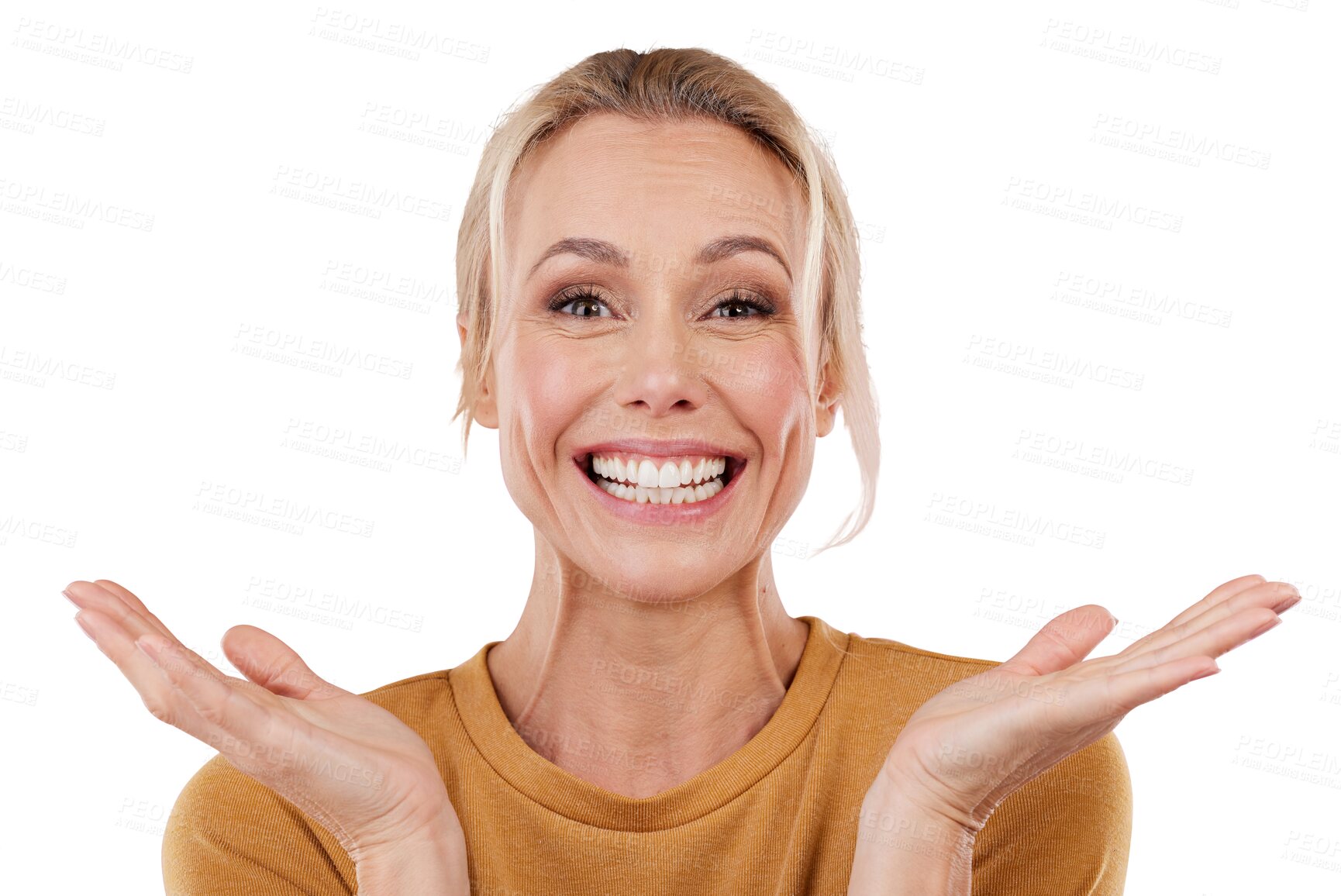 Buy stock photo Portrait, happy woman and smile with hands for presentation of announcement, offer or deal. Female person, mature and excited emoji with joyful expression on isolated or transparent png background