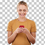 Woman, phone and pink background for communication, social media and online chat in studio. Happy model person with smartphone in hands for network connection or typing post on mobile app or website