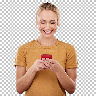 Buy stock photo Isolated woman, phone and texting with reading, smile and typing for contact by transparent png background. Girl, smartphone and happy with app to check notification, web blog or social media update