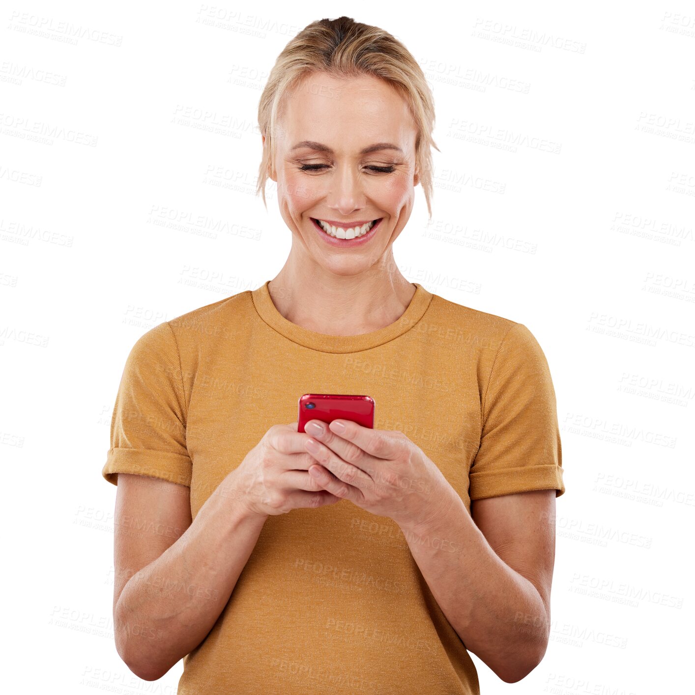 Buy stock photo Isolated woman, phone and texting with reading, smile and typing for contact by transparent png background. Girl, smartphone and happy with app to check notification, web blog or social media update