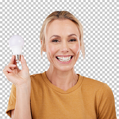 Buy stock photo Isolated woman, light bulb and portrait with smile, excited and ideas by transparent png background. Person, brainstorming and breakthrough with icon for creativity, problem solving and solution