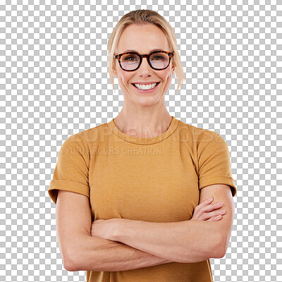 Buy stock photo Isolated woman, arms crossed and glasses in portrait with confidence by transparent png background. Girl, person and lady with smile, vision or face in t-shirt for trendy style, fashion and happy