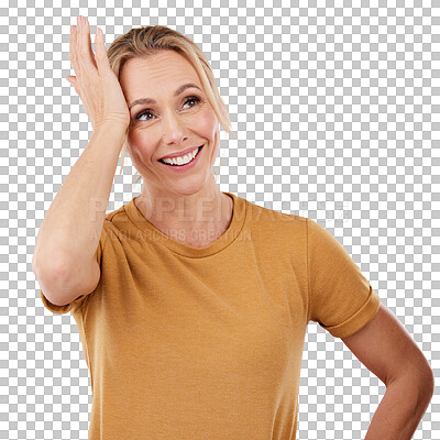 Buy stock photo Woman, thinking and confused with questions, decision and creativity isolated on a transparent background. Happy person, model and lady with doubt, png and future with ideas, choice and opportunity