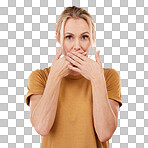 Secret, studio and woman with her hand on her mouth with a shock, surprise or quiet face expression. Gossip, shocked and portrait of a female model with surprised gesture isolated by pink background.