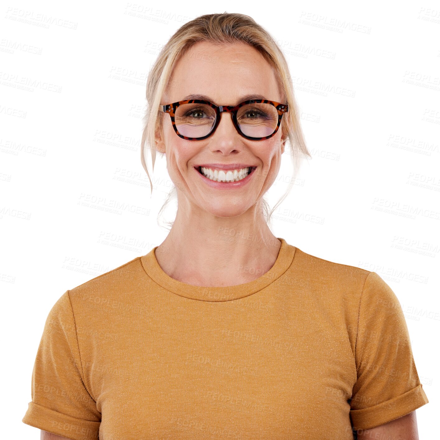 Buy stock photo Mature woman, portrait and smile for glasses, optometry and health for eye care. Happy female person, confident and proud of optical wellness, ophthalmology and isolated on transparent png background